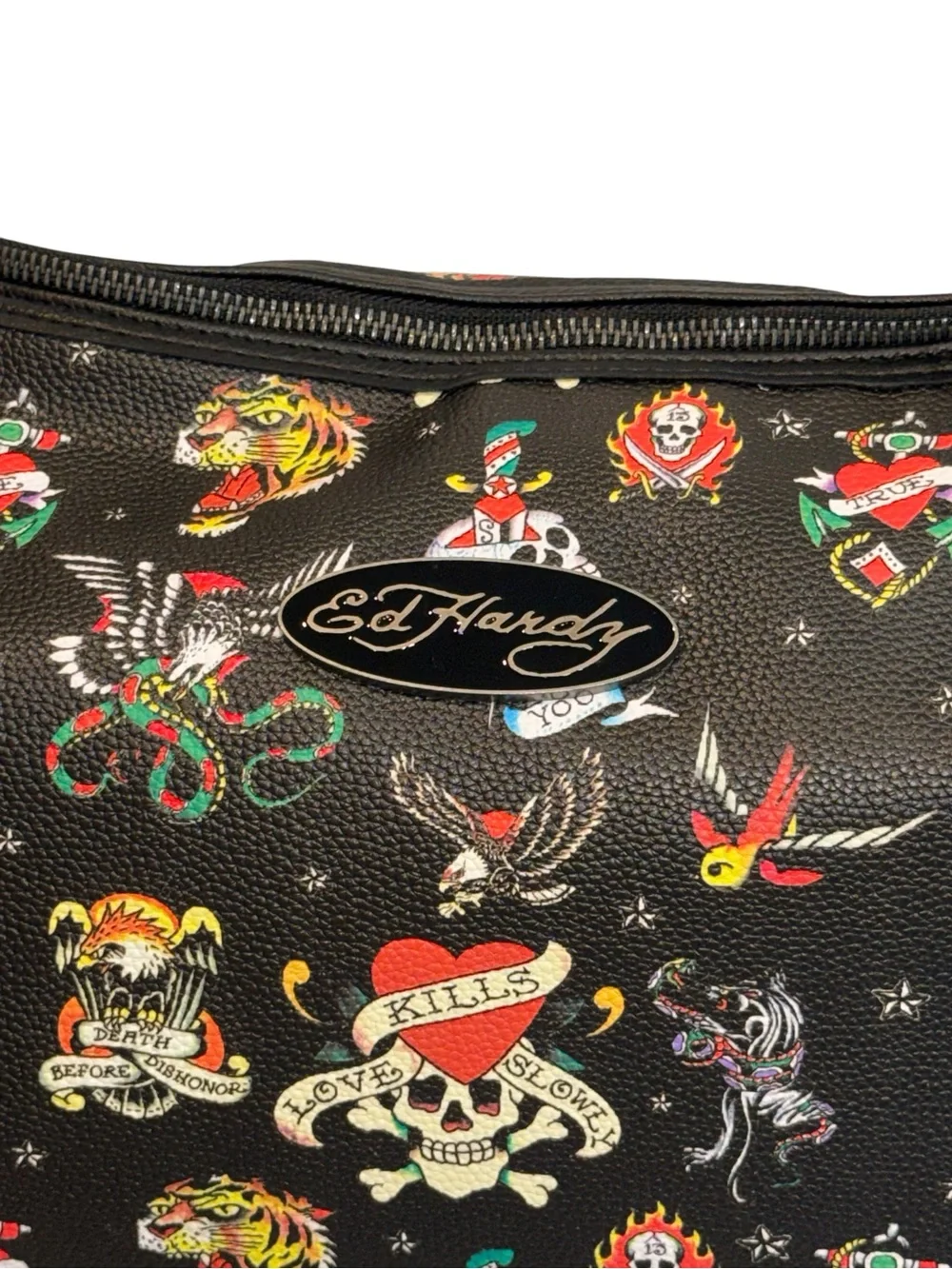 Ed Hardy Black Tattoo-Print Shoulder Bag with Multicolor Accents